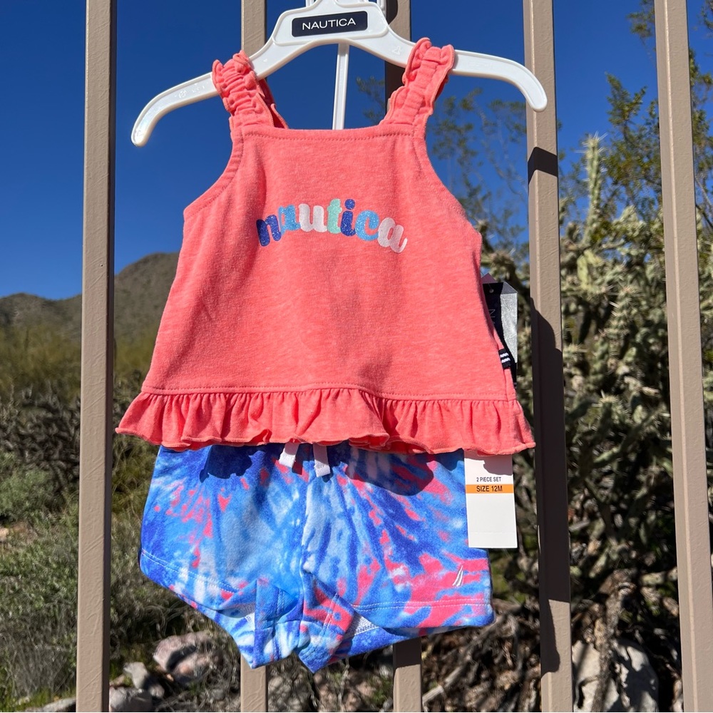 ⬇️💲Nautica NWT Girl’s 2Pc Tank Top & Shorts  12 Mos Color Salmon, Blue, White